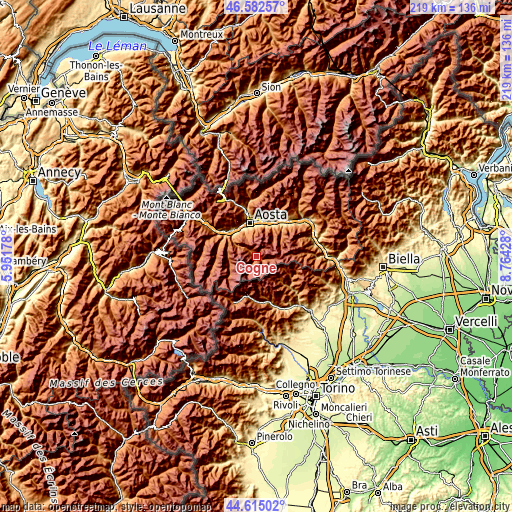 Topographic map of Cogne