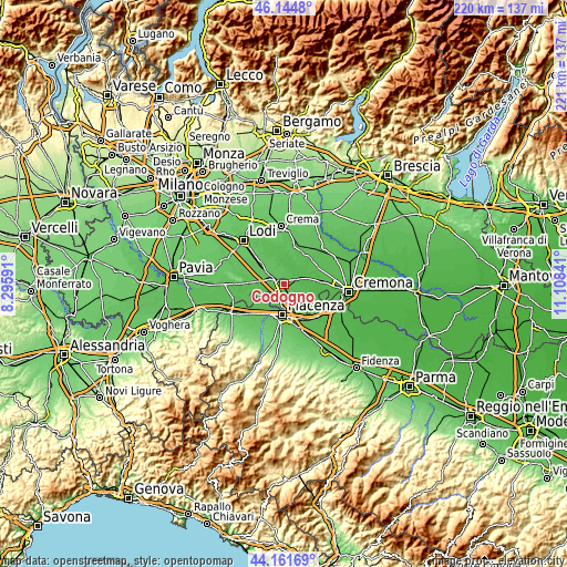 Topographic map of Codogno