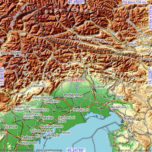 Topographic map of Clauzetto