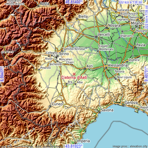 Topographic map of Cisterna d'Asti