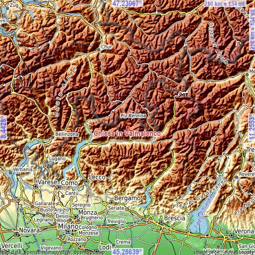 Topographic map of Chiesa in Valmalenco