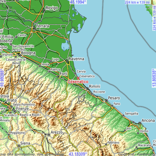 Topographic map of Cesenatico