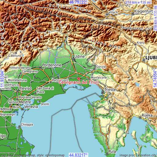 Topographic map of Cervignano del Friuli