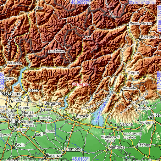 Topographic map of Cerveno