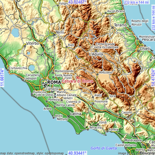 Topographic map of Cervara di Roma