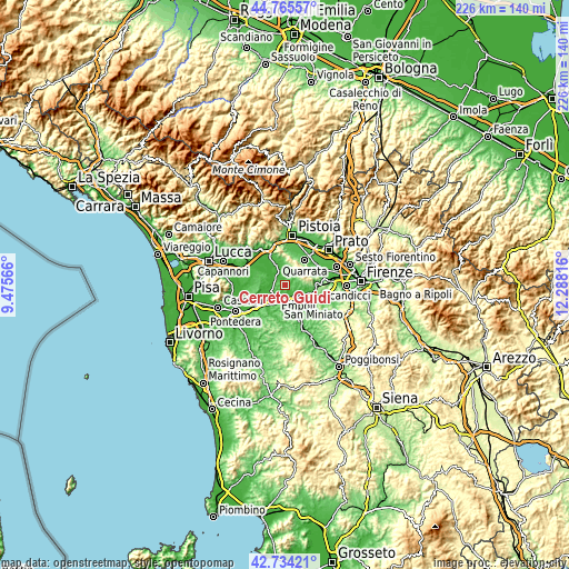 Topographic map of Cerreto Guidi