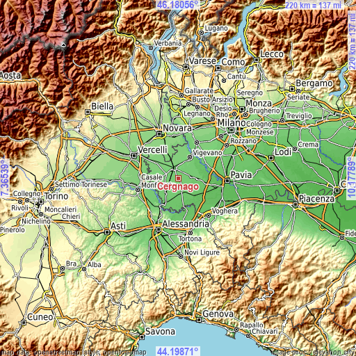 Topographic map of Cergnago