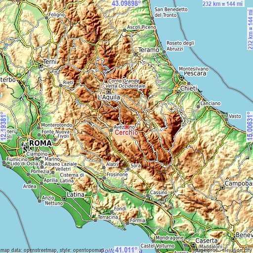 Topographic map of Cerchio