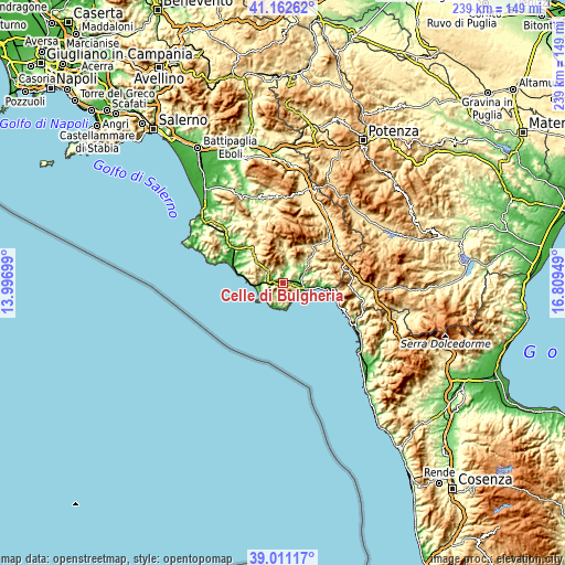 Topographic map of Celle di Bulgheria