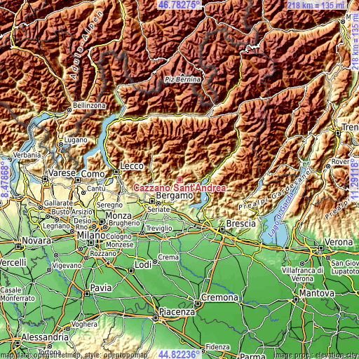 Topographic map of Cazzano Sant'Andrea