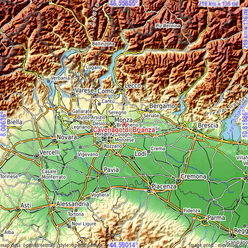 Topographic map of Cavenago di Brianza