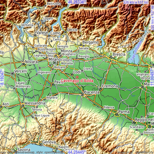 Topographic map of Cavenago d'Adda