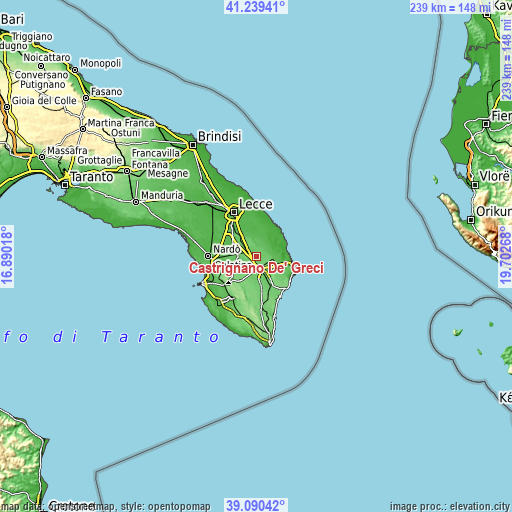 Topographic map of Castrignano De' Greci