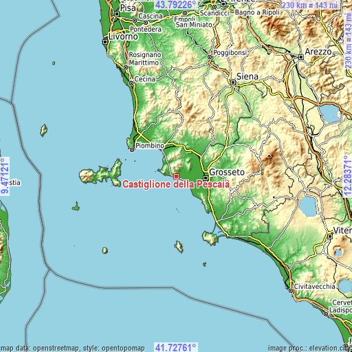 Topographic map of Castiglione della Pescaia