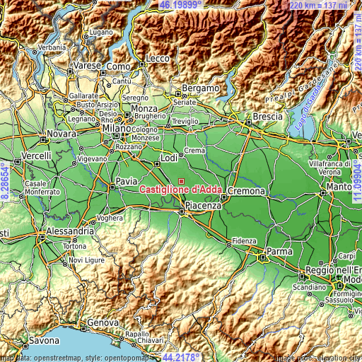 Topographic map of Castiglione d'Adda