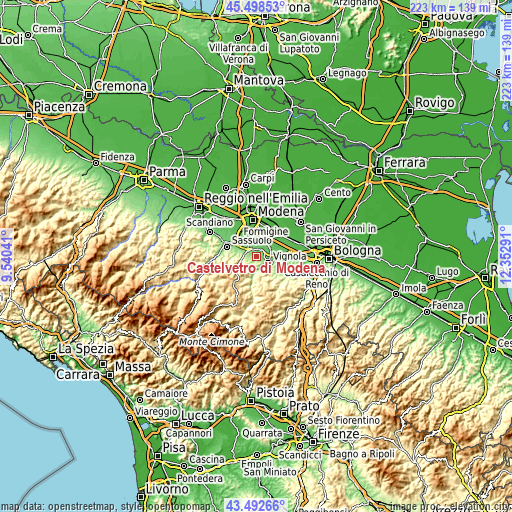 Topographic map of Castelvetro di Modena