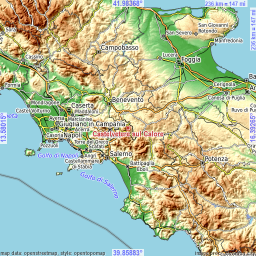 Topographic map of Castelvetere sul Calore