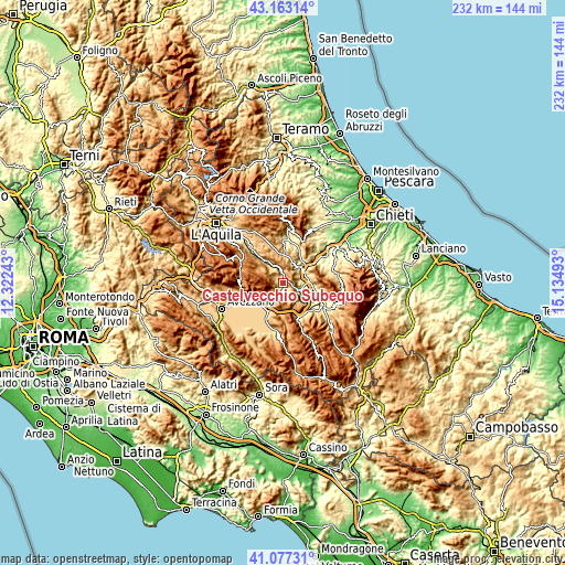 Topographic map of Castelvecchio Subequo