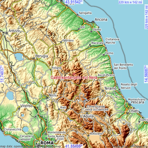 Topographic map of Castelsantangelo sul Nera