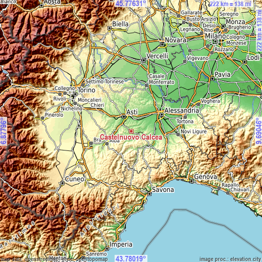 Topographic map of Castelnuovo Calcea