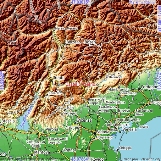 Topographic map of Castello Tesino