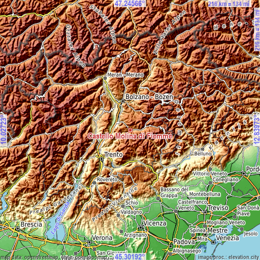 Topographic map of Castello Molina di Fiemme