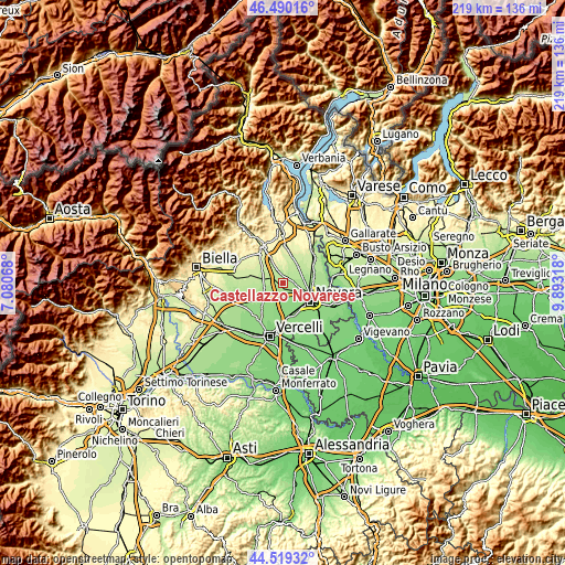 Topographic map of Castellazzo Novarese