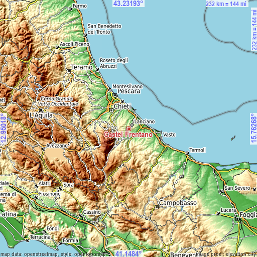 Topographic map of Castel Frentano