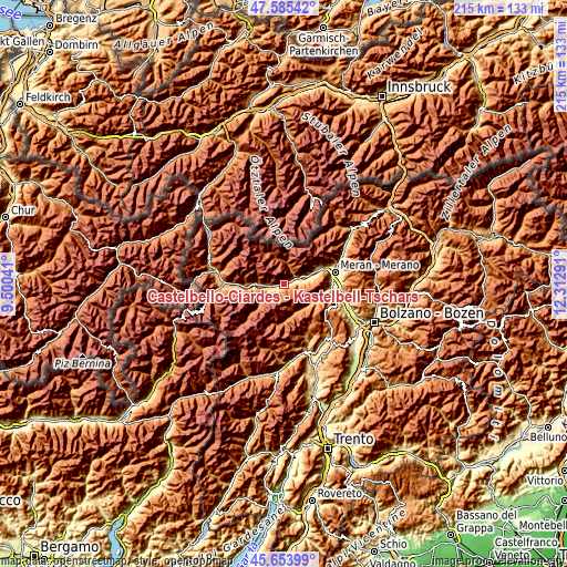 Topographic map of Castelbello-Ciardes - Kastelbell-Tschars