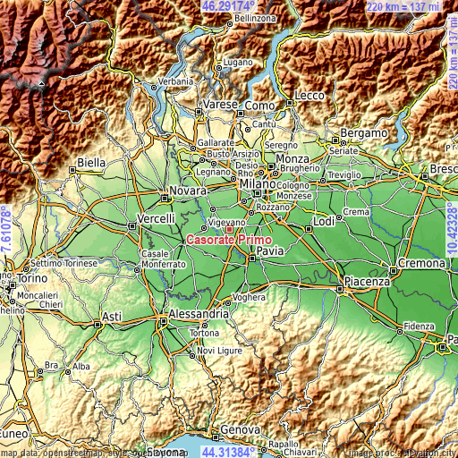 Topographic map of Casorate Primo