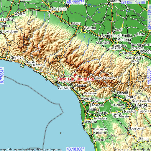 Topographic map of Casola in Lunigiana