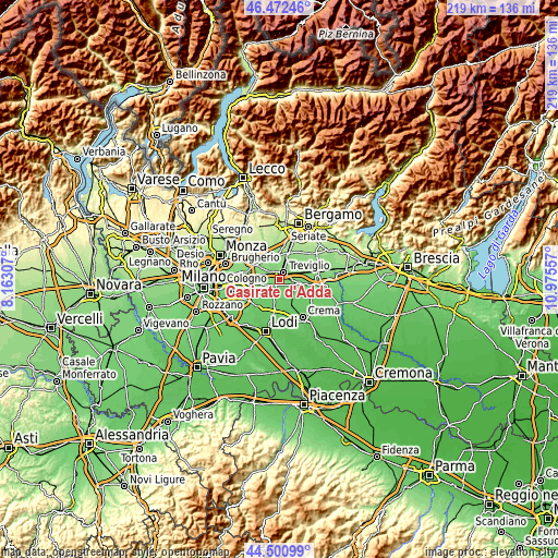 Topographic map of Casirate d'Adda