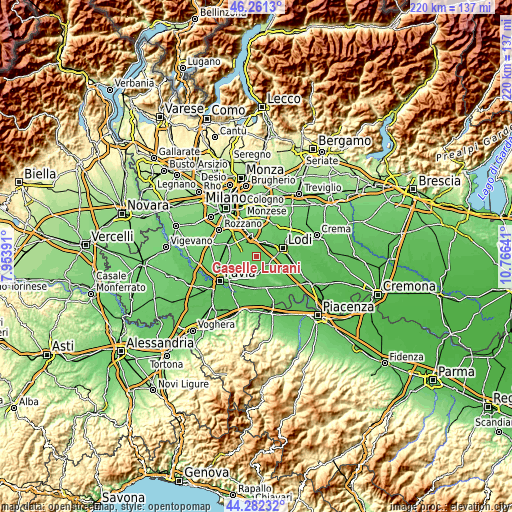 Topographic map of Caselle Lurani