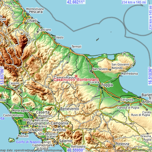 Topographic map of Casalnuovo Monterotaro
