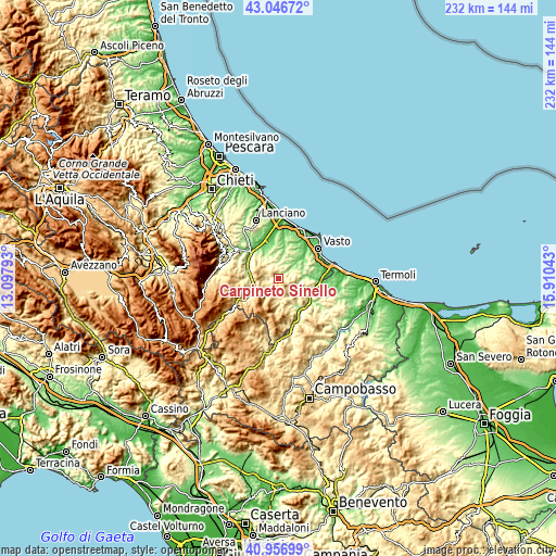 Topographic map of Carpineto Sinello