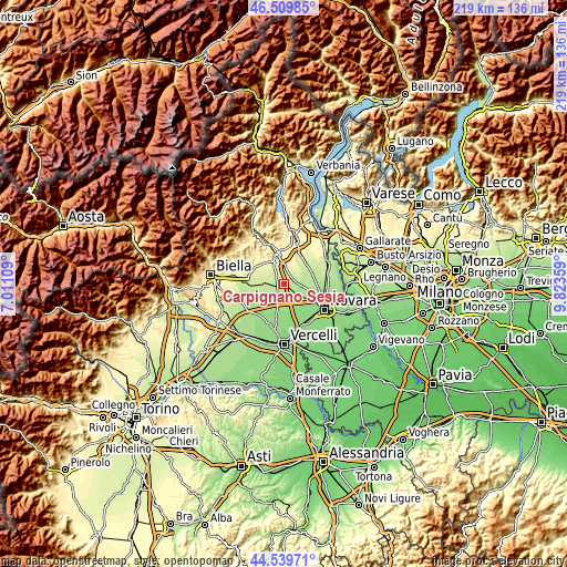 Topographic map of Carpignano Sesia