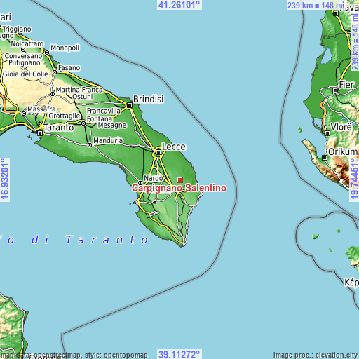 Topographic map of Carpignano Salentino