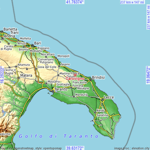 Topographic map of Carovigno