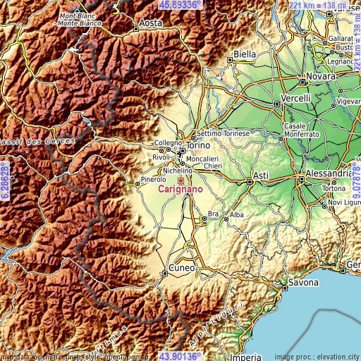 Topographic map of Carignano