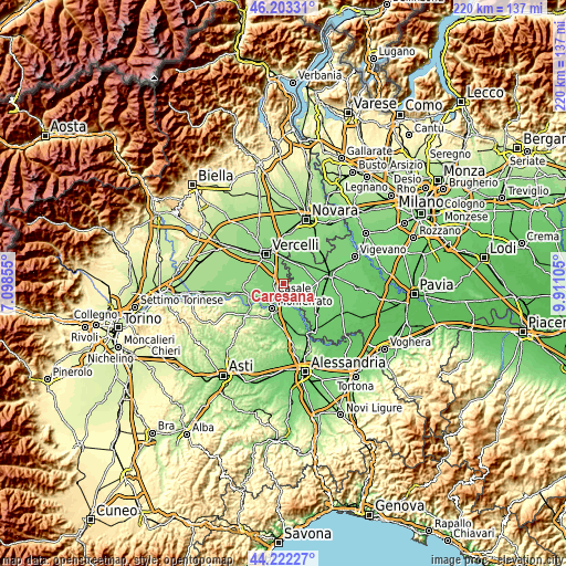 Topographic map of Caresana