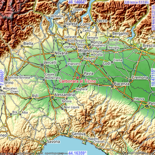 Topographic map of Carbonara al Ticino