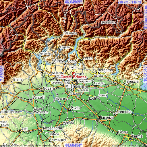 Topographic map of Carate Brianza