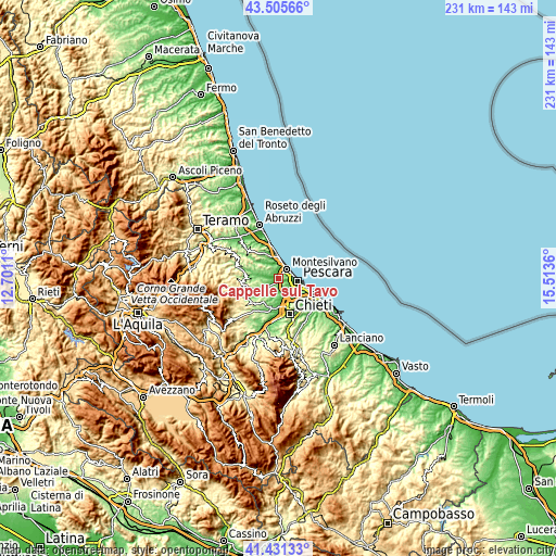 Topographic map of Cappelle sul Tavo
