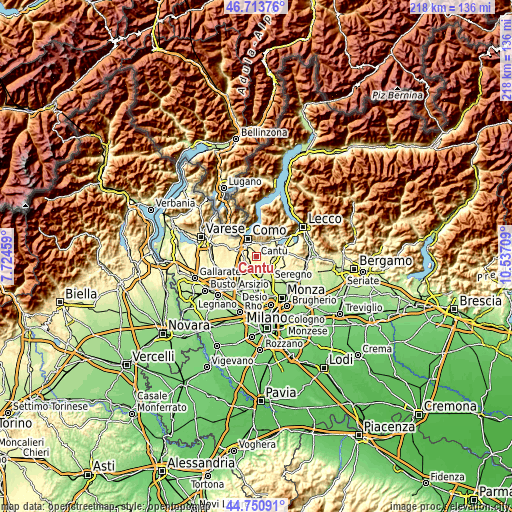 Topographic map of Cantù