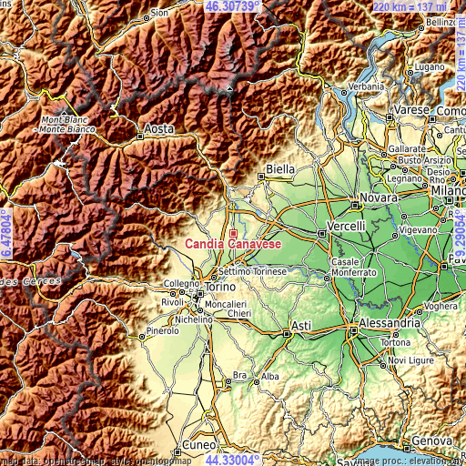 Topographic map of Candia Canavese