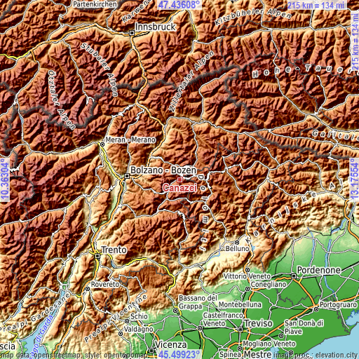 Topographic map of Canazei