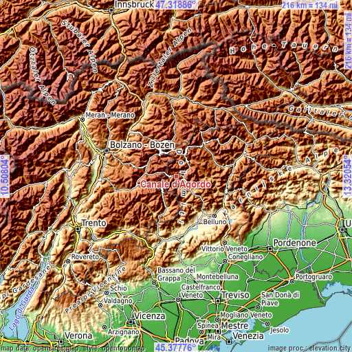 Topographic map of Canale d'Agordo