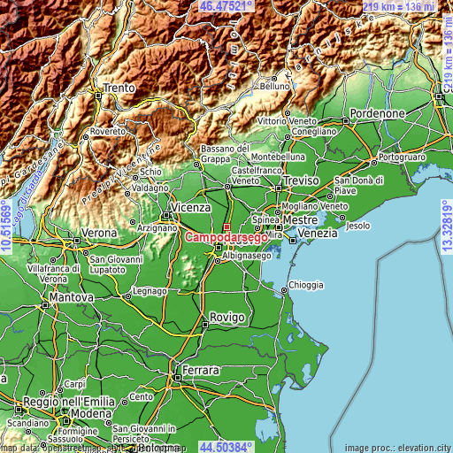 Topographic map of Campodarsego
