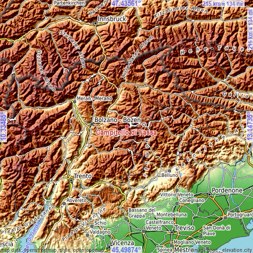 Topographic map of Campitello di Fassa