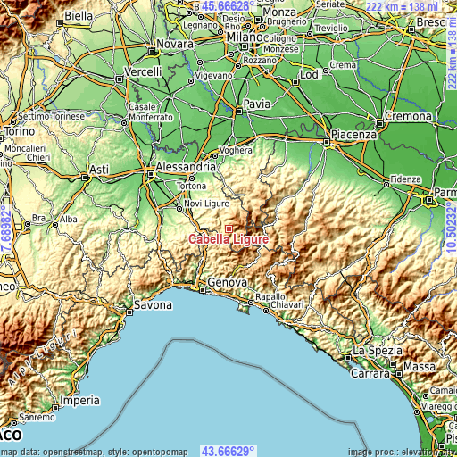 Topographic map of Cabella Ligure